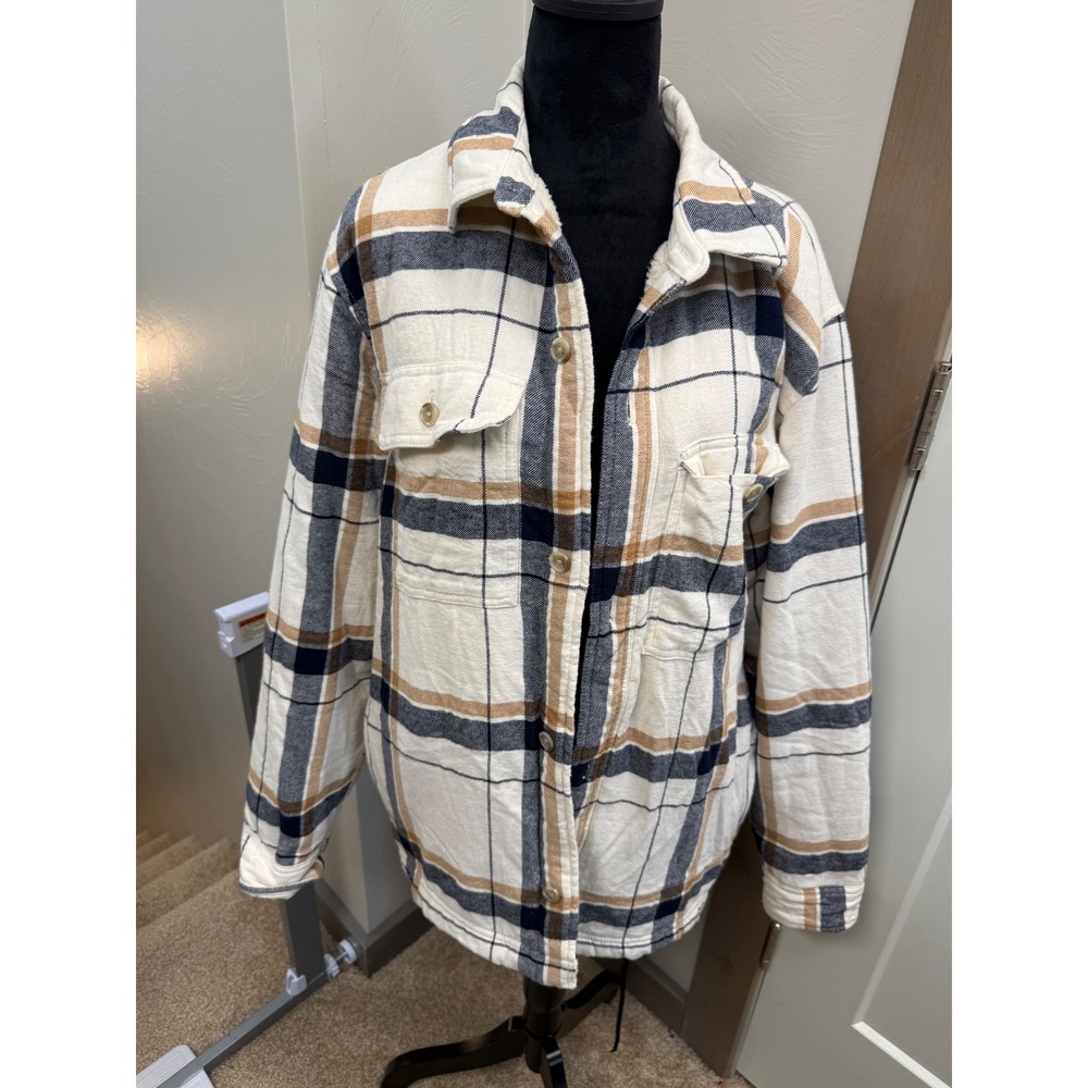 Old Navy Womens Plaid Sherpa Lined Flannel Shirt Jacket Shacket Cream Navy L